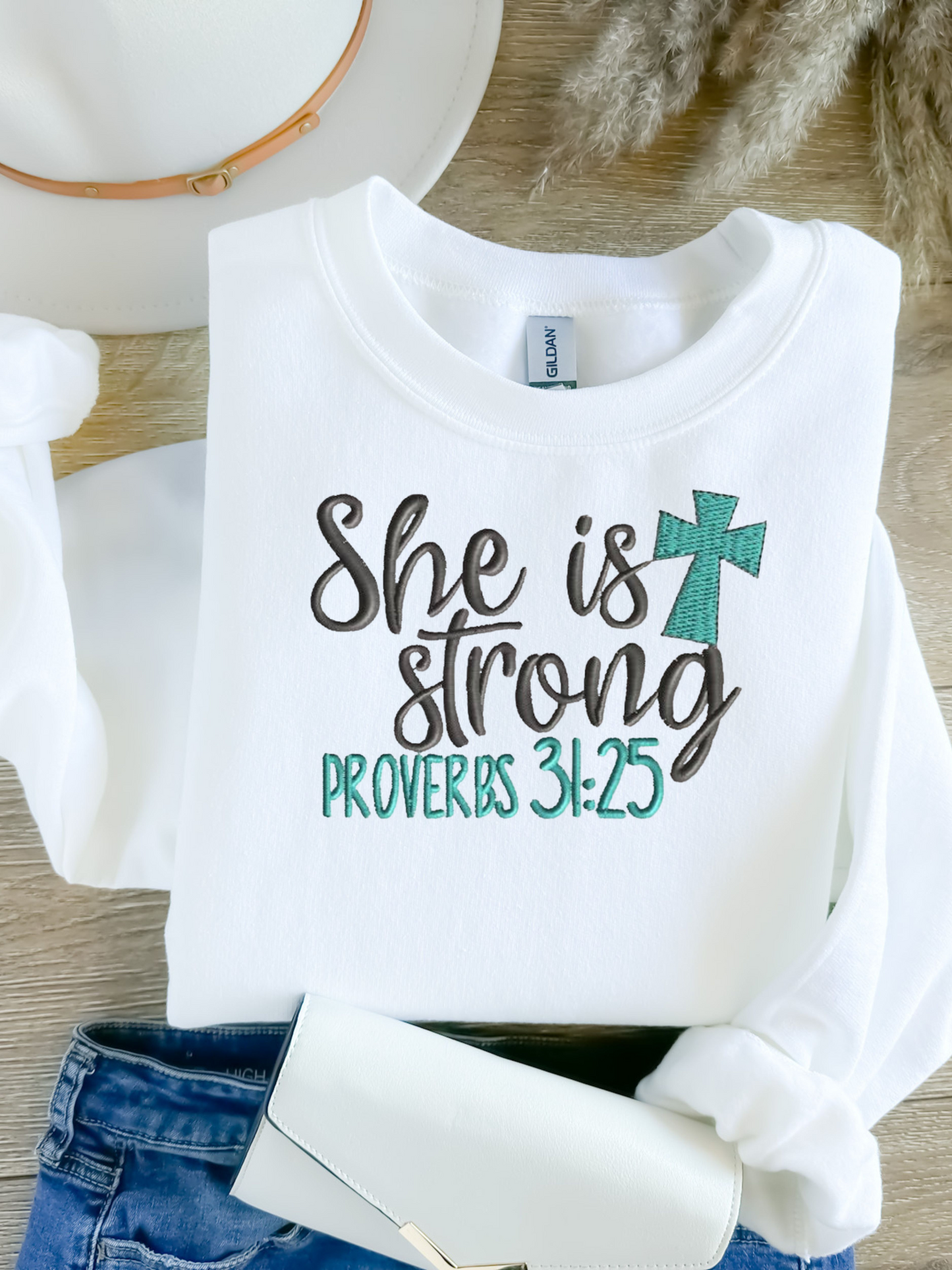 She Is Strong, Proverbs 31 Woman, Cross Sweatshirt, Embroidered