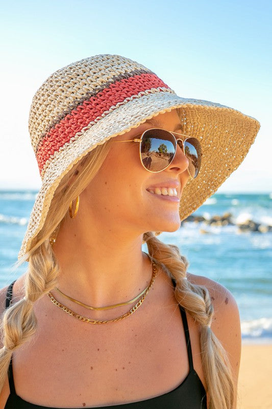 Stripe Accent Straw Bucket Hat