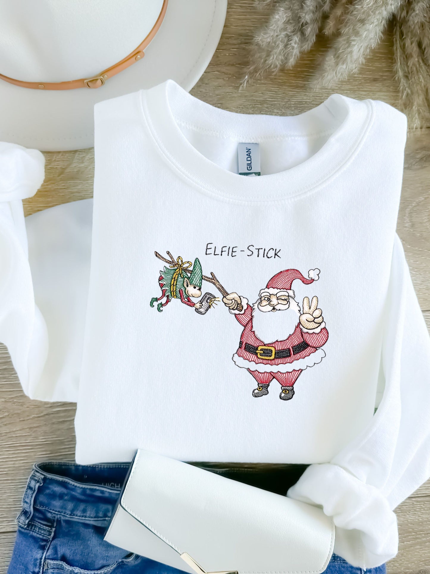 Elfie Stick, Christmas Sweatshirt, Embroidered