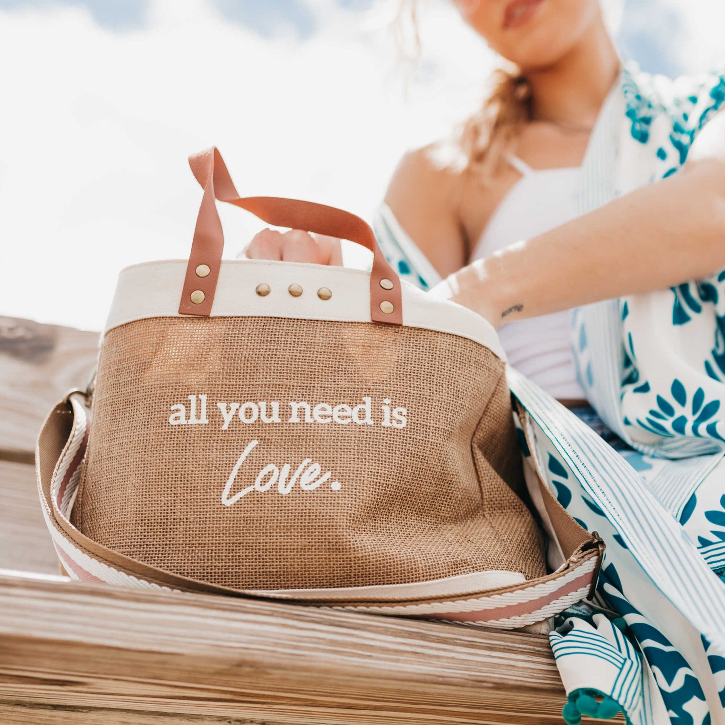 ALL You Need Is Love Jute Crossbody Tote