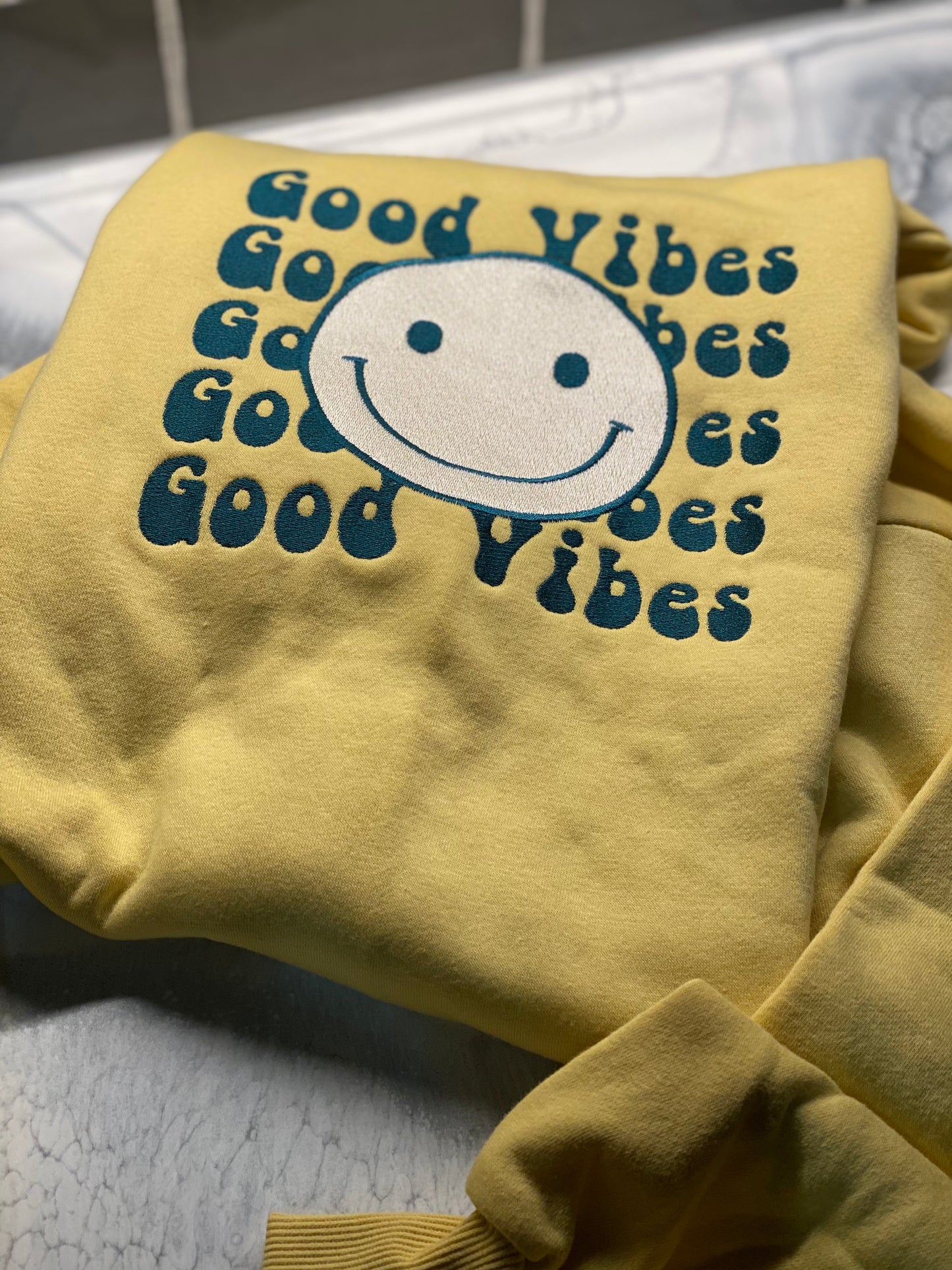 Good Vibes Smiley Face Sweatshirt, Embroidered